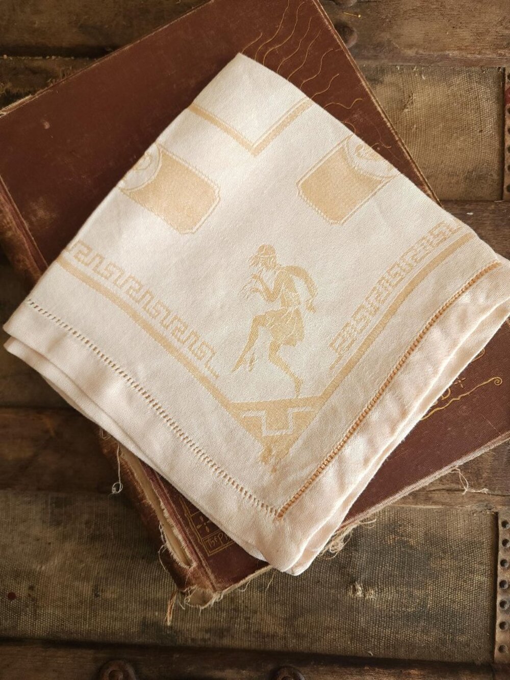 Vintage 1920s 1930s Luncheon Napkin, Damask in a Hellenic Greek Motif, 15" Squar